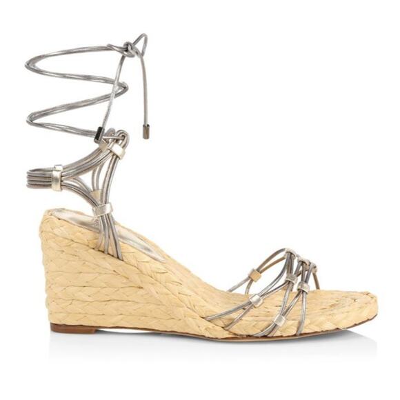 Alexandre Birman Leona Ankle-Wrap Metallic Leather Espadrille Wedge Sandals 38 - Picture 2 of 9